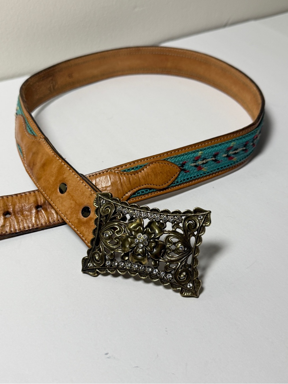 Turquoise Woven Leather Belt with Ornate Antique-Gold Buckle